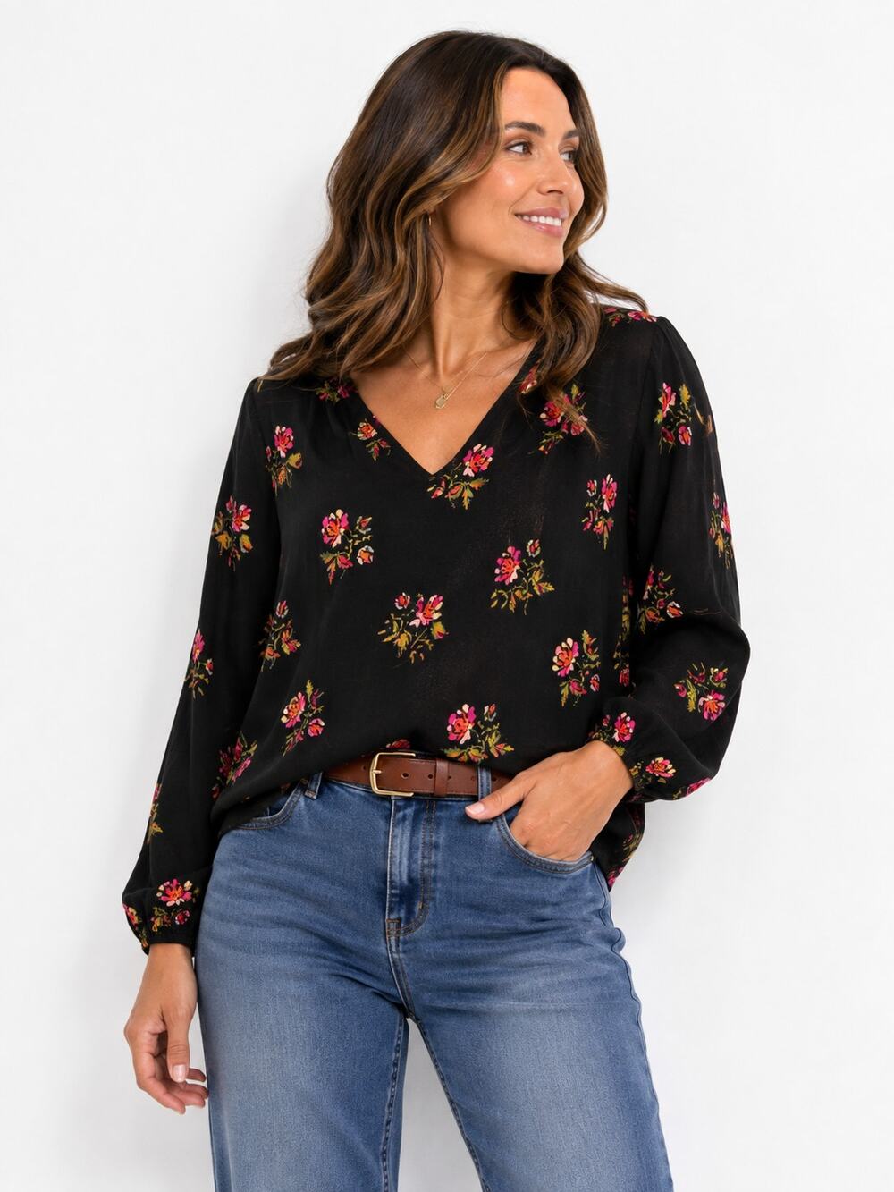 E204 Old Navy Black Floral V Neck Blouse Womens Medium Long Sleeve Lightweight